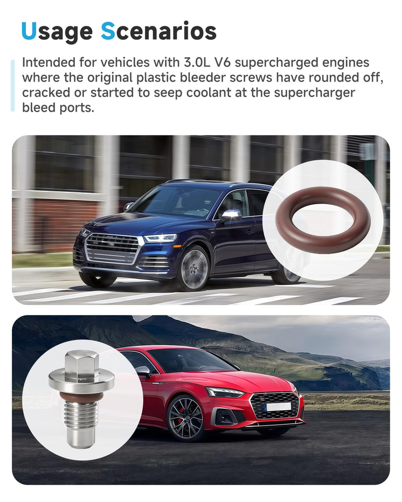 2Pack Stainless Steel Supercharger Bleeder Screw Kit,Compatible with Audi A6 A7 A8 Q5 Q7 S4 S5 SQ5 and Compatible with Volkswagen Touareg 3.0 V6,Replaces 06E 127 535B,Includes 4 FKM O-Rings
