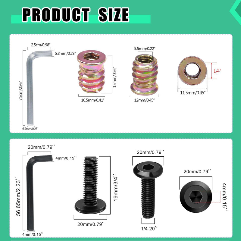 Twidec/30 Sets 1/4-20x15mm Threaded Inserts for Wood Furniture Screw Nut Kit Bolt Fastener Connector with 1/4-20x20mm Screw-in Nuts and Hex Wrench N-083-30set