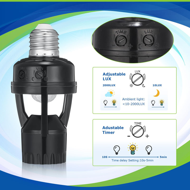 Hortsun 3 Pcs Motion Sensor Light Socket Smart Screw in Light Bulb Outlet Compatible with E26/e27 Automatic on Off Night Light Control for Basement Basement Porch Storage Room, Black