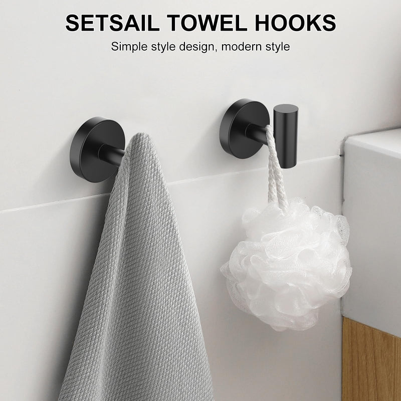 SetSail Towel Hooks for Bathrooms 4 Packs Matte Black Bathroom Towel Hook Wall Mounted 304 Stainless Steel Shower Towel Hooks for Coat Hanging, Drill Hole 4 Pack