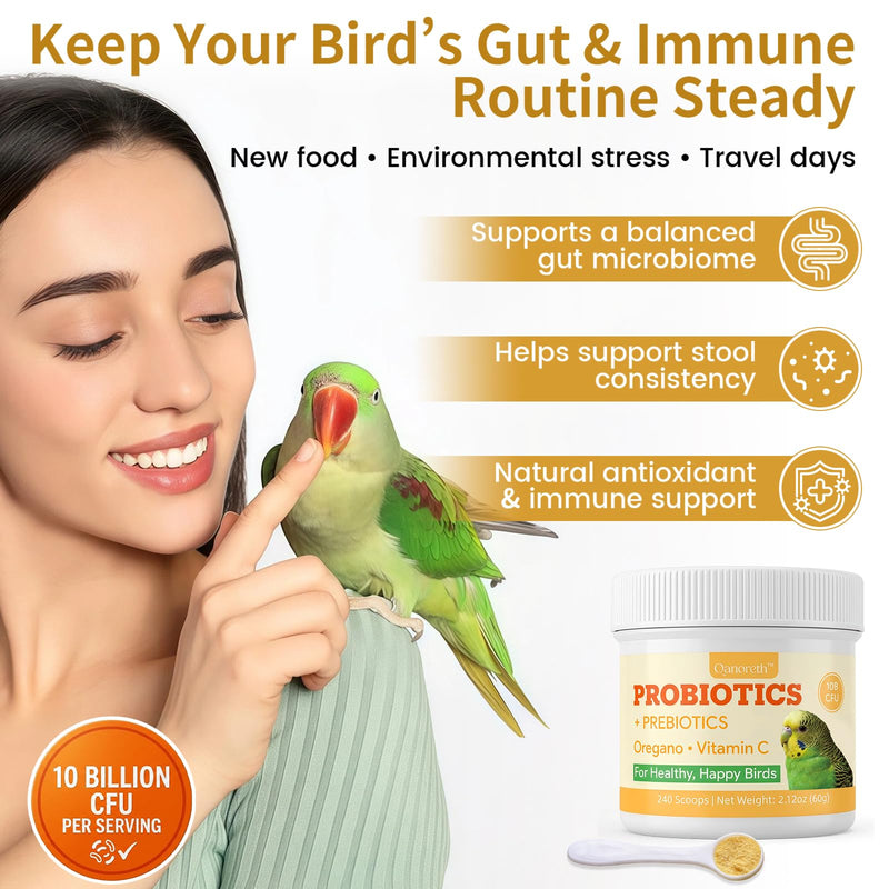 Bird Probiotic Powder for Gut Balance, Digestive & Immune Support – 10 Billion CFU Probiotic + Prebiotic with Vitamin C & Oregano – Molting & Stress Support for All Birds - Parakeet Parrot Cockatiel
