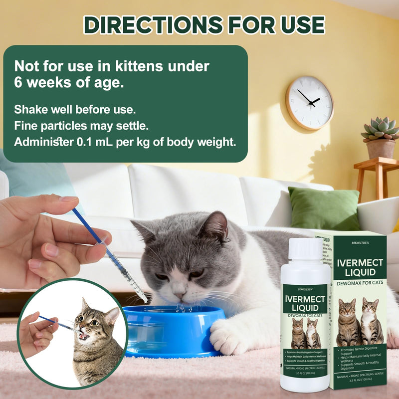 lvermect for Cat, Dewomax Liquid Digestive Support for Kittens & Adult Cats, Broad-Spectrum Gut Balance Formula for Internal Comfort, Gentle Daily Wellness & Healthy Digestion - 3.5 fl oz