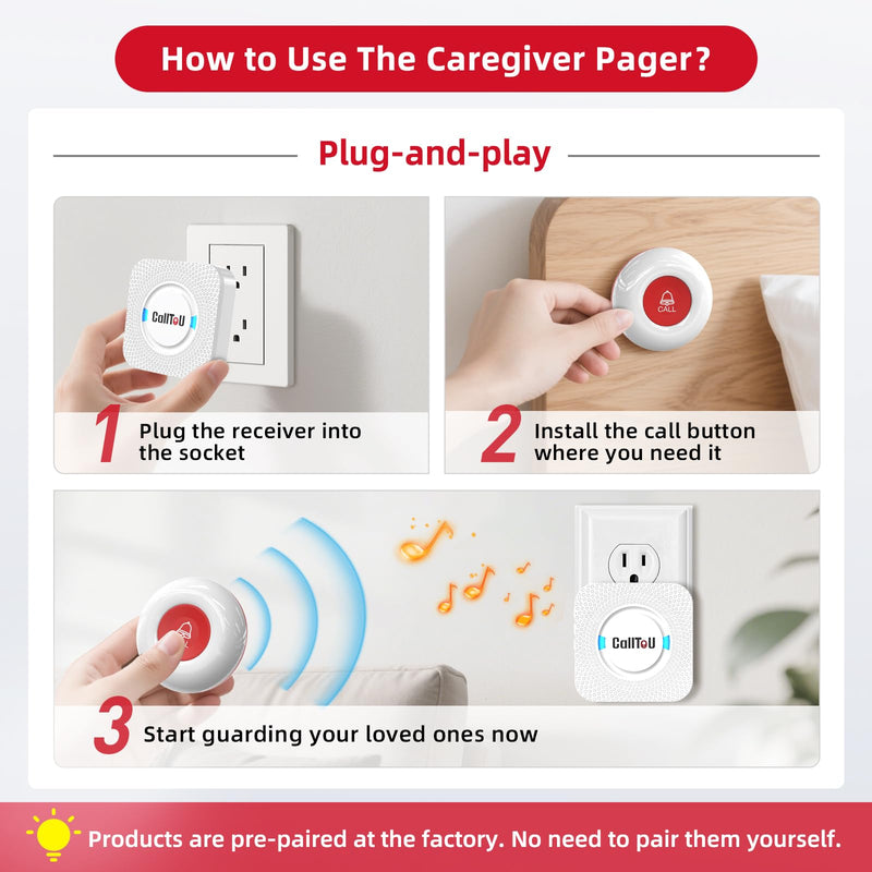 CallToU Elderly Monitoring Call Button Wireless Caregiver Pager Smart Senior System with Light Personal Buzzer Alarm 2 Portable Transmitters 1 Plugin Receiver 2 call buttons + 1 receiver