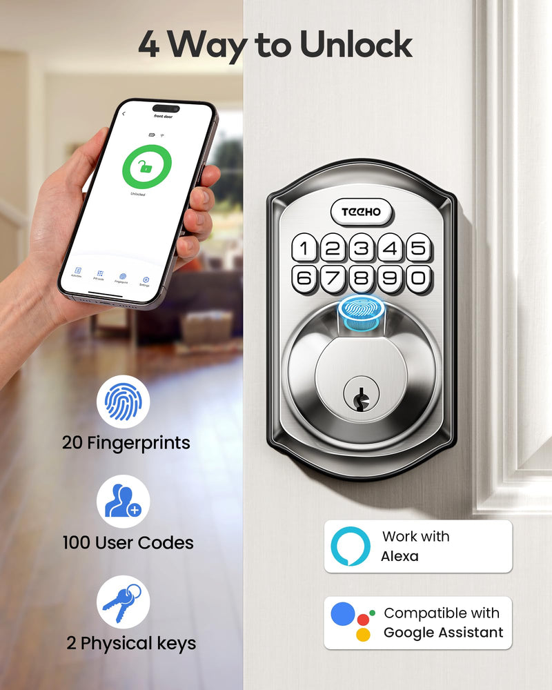 TEEHO TE012W WiFi Smart Lock, Fingerprint Door Lock with Built-in Wi-Fi, Keyless Entry Keypad Smart Deadbolt, App Remote Control, Alexa Compatible, IP55 Waterproof for Front Door – Satin Nickel