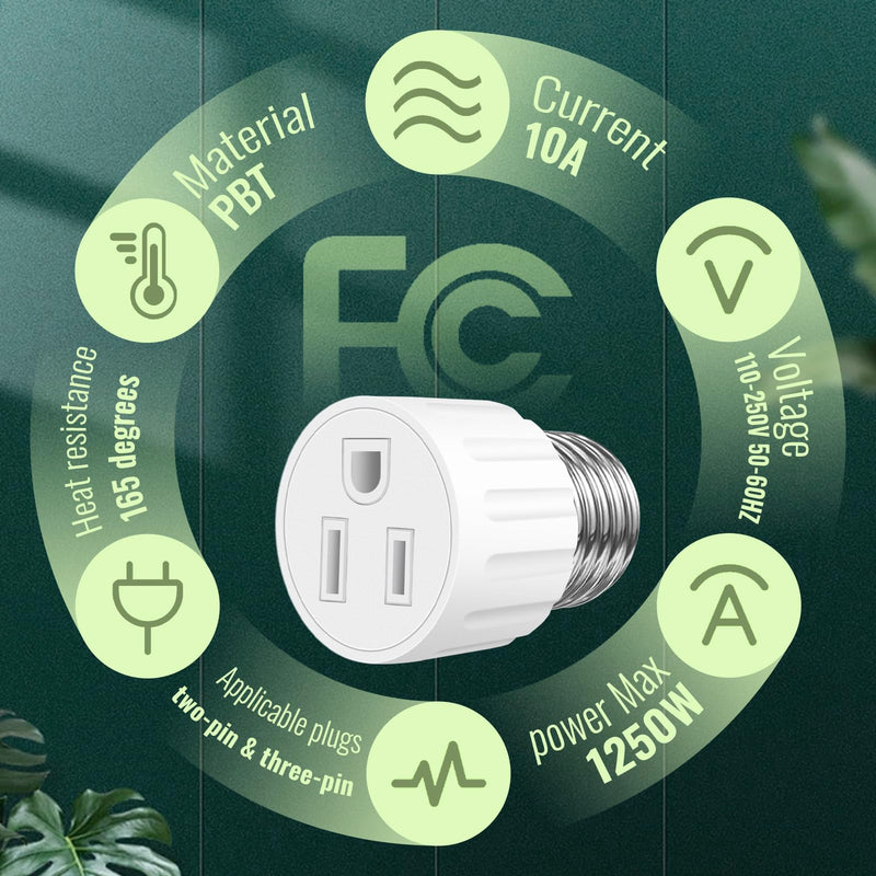 (2 Packs) 3 Prong Light Socket to Plug Adapter, E26 E27 Light Socket Outlet Adapter Polarized Light Socket Plug Adapter, Stability Performance & Professional Materials Light Socket Adapter (White) 2 White style