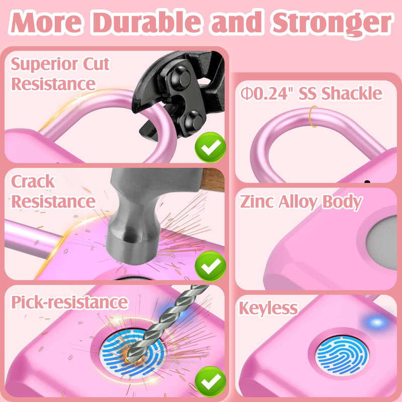 Pothunder Fingerprint Padlock, Smart Padlock, Locker Lock, Combination Lock, Fingerprint Lock with APP Unlock, USB Rechargeable, Suitable for Gym Locker, Door, Locker(Pink) Pink