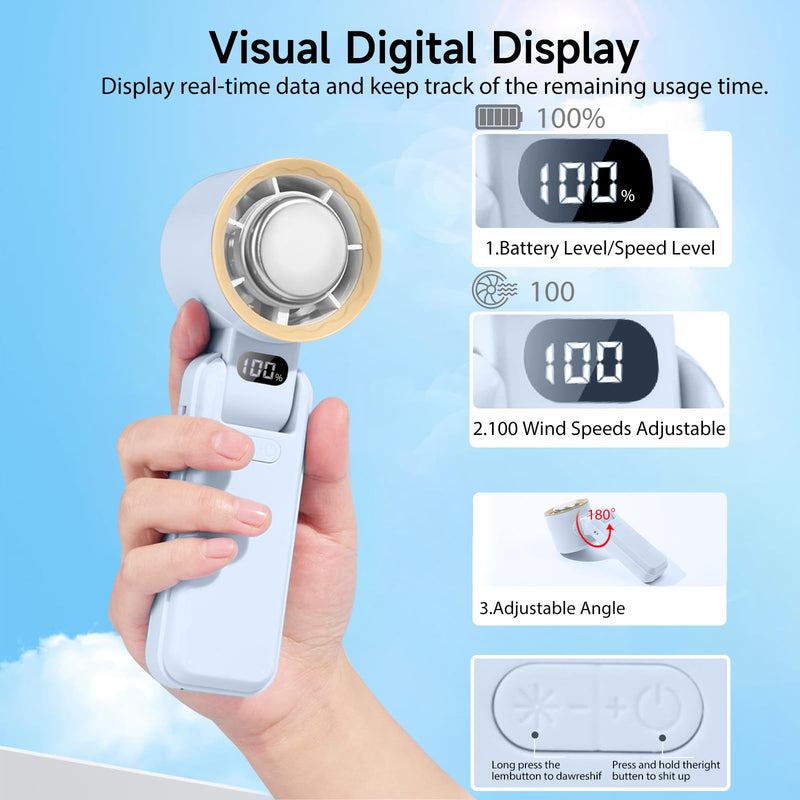 Portable Handheld Fan with Ice Cooler – 13000RPM Turbo Fans, 3-in-1 Rechargeable Mini Personal Fan, 100 Adjustable Speeds, 3600mAh Battery, for Travel, Outdoor, Office, and Personal Use Light blue