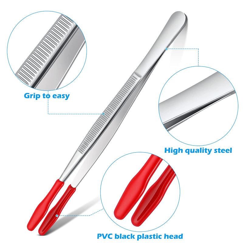 2 Pieces Bent Tip Tweezers with Rubber Tips PVC Coated and 2 Pieces Tweezers Rubber Coated PVC Soft Non Marring Flat Tips Lab Hobby Jewelry Craft Stainless Steel Tool(Red) Red