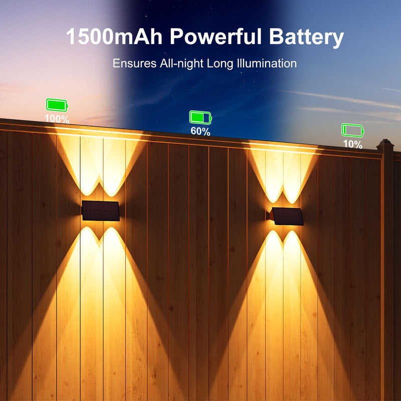 4 Pack Solar Powered Wall Lights for Outside Up and Down Fence Mount LED Outdoor Decorative Waterproof Lamps for Porch, Deck, Patio, Yard, Garden, 4 Lenses Designed for Accent Lighting (Warm White) 4 Pack Warm White