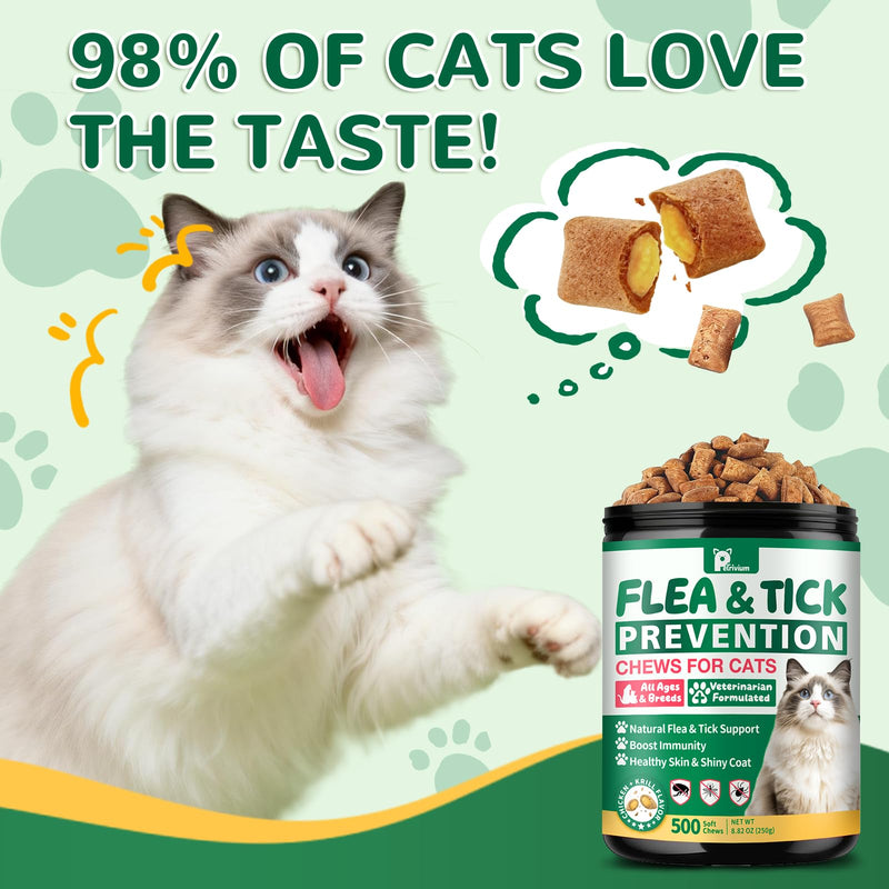 Flea and Tick Prevention for Cats, 500 Cat Flea Treatment, Natural Oral Flea Treatment for Cаts with Vitamins - Supports Skin & Coat, Digestive Health for All Breeds & Ages, Chicken Flavor