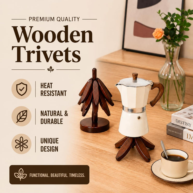 Wooden Trivet - Wooden Trivets for Hot Dishes - Tree Shaped Wooden Trivet - 4 Wooden Trivets with 1 Stand - Space-Saving Coaster Tree for Pots, Pans, Serving Dishes, Tables & Counters