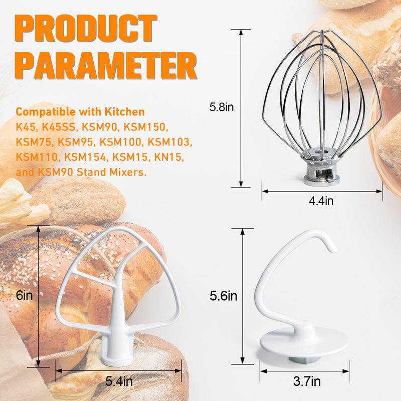 Funmit Mixers Accessories K45WW Wire Whip K45DH Dough Hook K45B Coated Flat Blade Paddle with Scraper Replacement for Kitchen Tilt-Head Aid Stand Mixer Attachments- Stainless Steel Aluminum