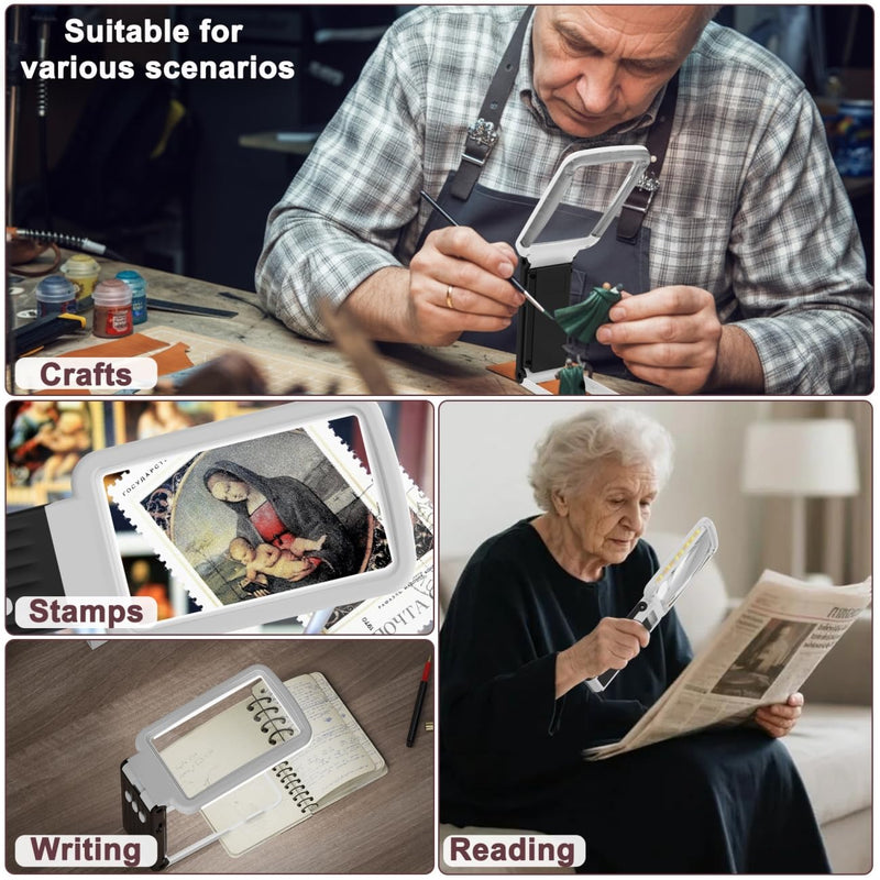 15X Magnifying Glass with Light and Stand, Real Glass Lens, Rechargeable Foldable Handheld Magnifier, 3 Color Modes Dimmable Lighted Page Magnifier for Reading Fine Prints, Low Vision Seniors White Black 15X