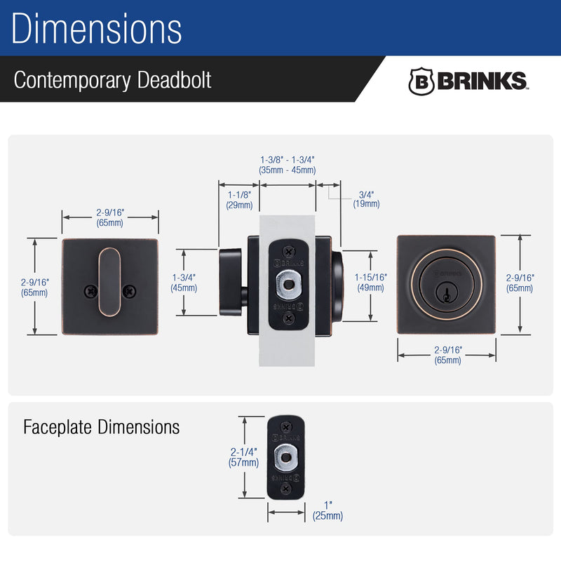 BRINKS – Deadbolt Lock, Single Cylinder Dead Bolt - Tuscan Bronze - Square Exterior Keyed Front Door Entry – Contemporary Modern Finish