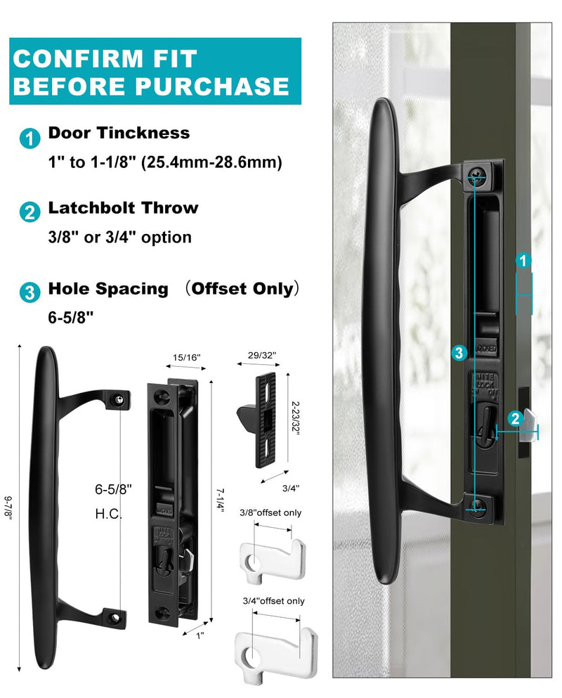 Sliding Patio Door Handle Set, Non-Keyed Black Diecast Replacement Handle, Fits 1" to 1-1/8" Thick Sliding Glass Doors, 6-5/8" Hole Spacing, Non-Handed Reversible Design 6-5/8" H.C Non Keyed