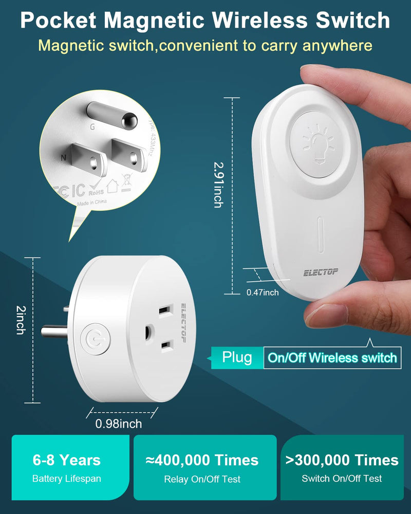 Remote Control Outlet, ELECTOP 15A/1500W Wireless Outlet Power Switch, No Wire Long Range Electrical Switch Plug On/Off for Lights, Fans, Christmas Lights, Household Appliance, 4000V Anti Surge Switch & Outlet White