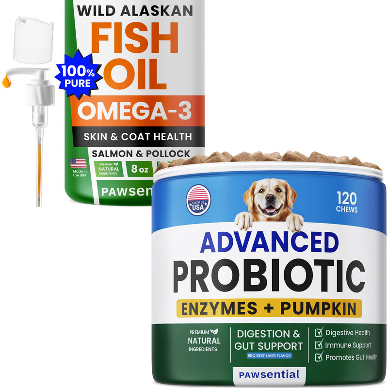 Advanced Dog Probiotics + Omega 3 Fish Oil for Dogs & Cats Bundle - Liquid Fish Oil Supplement - Diarrhea, Gas, Upset Stomach Relief & Season Allergy - Made in USA