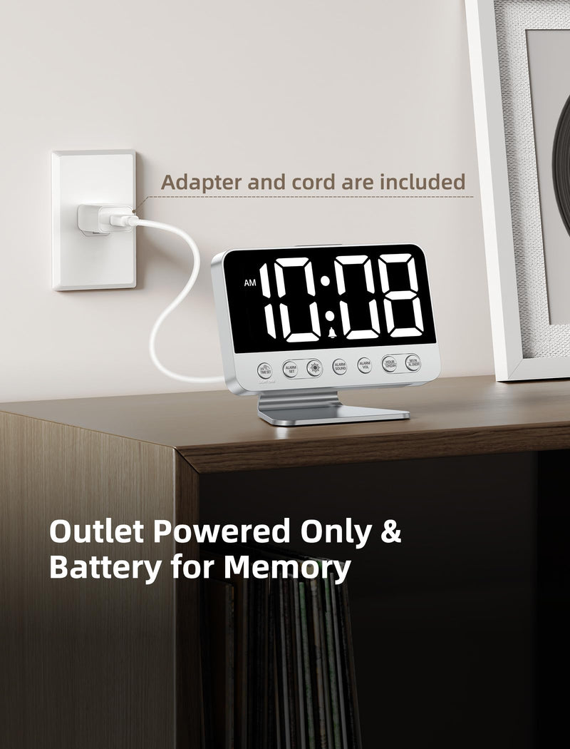 Digital Alarm Clocks for Bedrooms: Large Bold Number 5 Brightness Dimmer - Easy to Read Across The Room - 5 Alarm Sound 8 Night Light - Silver Silver - White Digits