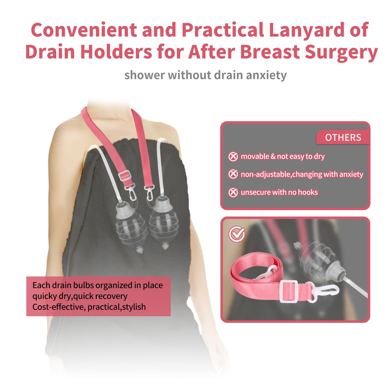 Shower Lanyard for Mastectomy Drain Holder with Hook 2PCS Quick Dry JP Drain Holders for After Breast Surgery Skin Friendly Drain Holder After Tummy Tuck Adjustable Mastectomy Recovery Supplies White and Pink