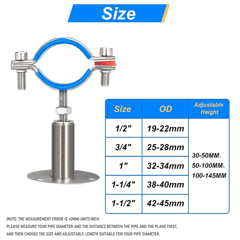 Kodilin 4PCS 304 Stainless Steel Wall Mount Ceiling Mount Pipe Supports,Suitable for OD Pipe 1/2"(19-22mm),Adjustable Height 50-100mm,Adjustable Pipe Strap Clamp with Screws Adjustable Height 50-100mm 4pcs 1/2"(19-22mm)