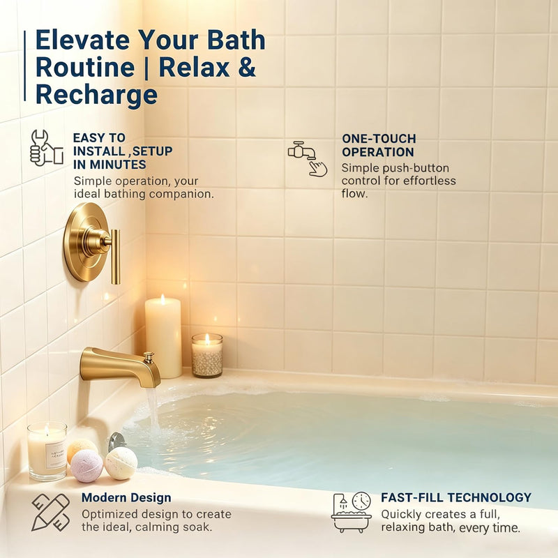 Universal Bathroom Tub Spout with Diverter, 1/4 Inches 1/2" IPS Inside Thread, Durable Heavy Duty Metal Bathtub Faucet with Shower Diverter,1/4 Inch Bathroom Tub Spout Compatible,Brushed Gold Brushed Gold