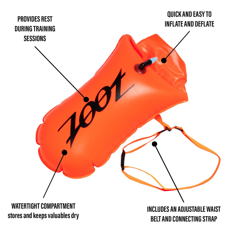 Zoot Ultra Swim Safety Buoy & Dry Bag, High-Visibility Open-Water Safety Floatation Device with Storage for Long-Distance Swimming Training Sessions (15L) - Neon Orange - 15L
