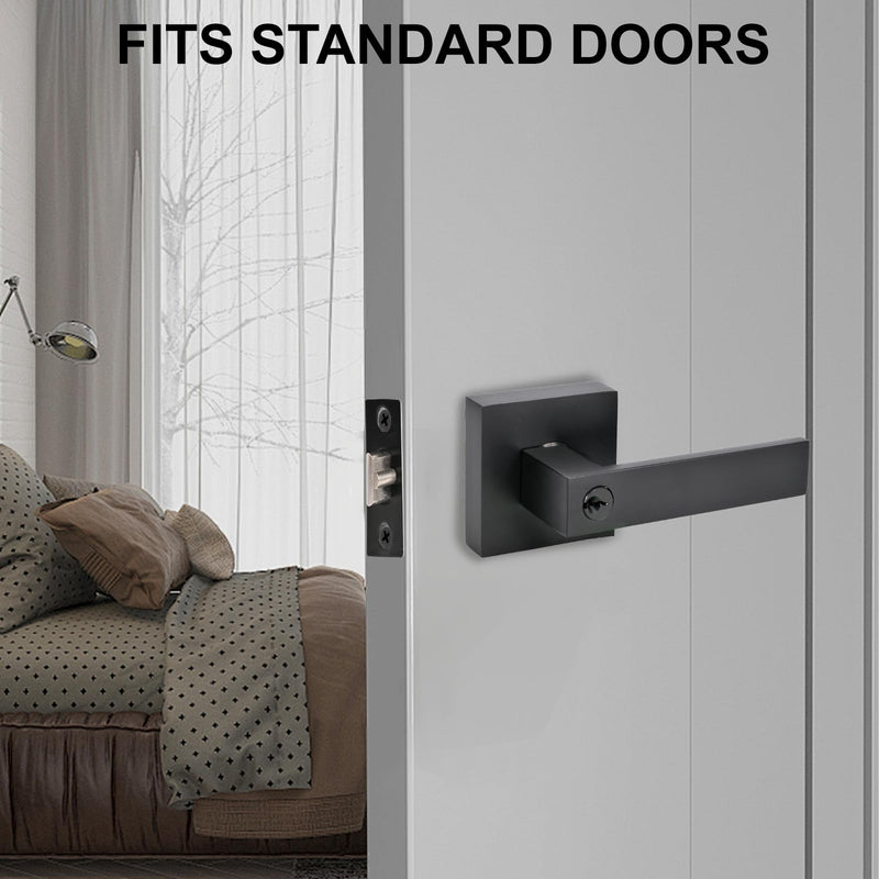 High-Security Stainless Steel Door Handle - with Lock and Key, Door Lever for Bedroom, Bathroom and Rooms(Black) Black-Square