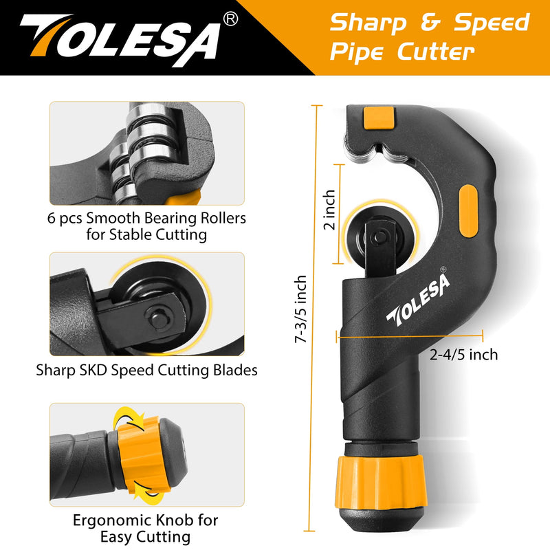 TOLESA Pipe Cutter Tool 3/16"-2" OD, Heavy Duty Metal Pipe Cutter With Deburring Tool Pipe Reamer Sharp Copper Tube Cutter Speed Cutting Tubing Cutter For Stainless Steel Aluminum Brass Pipe 2 In 1