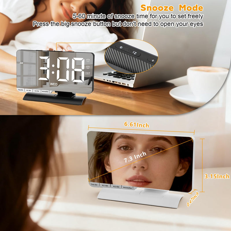 SZELAM Digital Clock,Alarm Clock Bedside,7.3'' Large LED Mirror with Date Display,Dual Alarm with 3 Mode,Brightnee Adjust,DST,Snooze Function,USB C Charging Port,5 Levels Volume for Desk Bedroom Teens Black