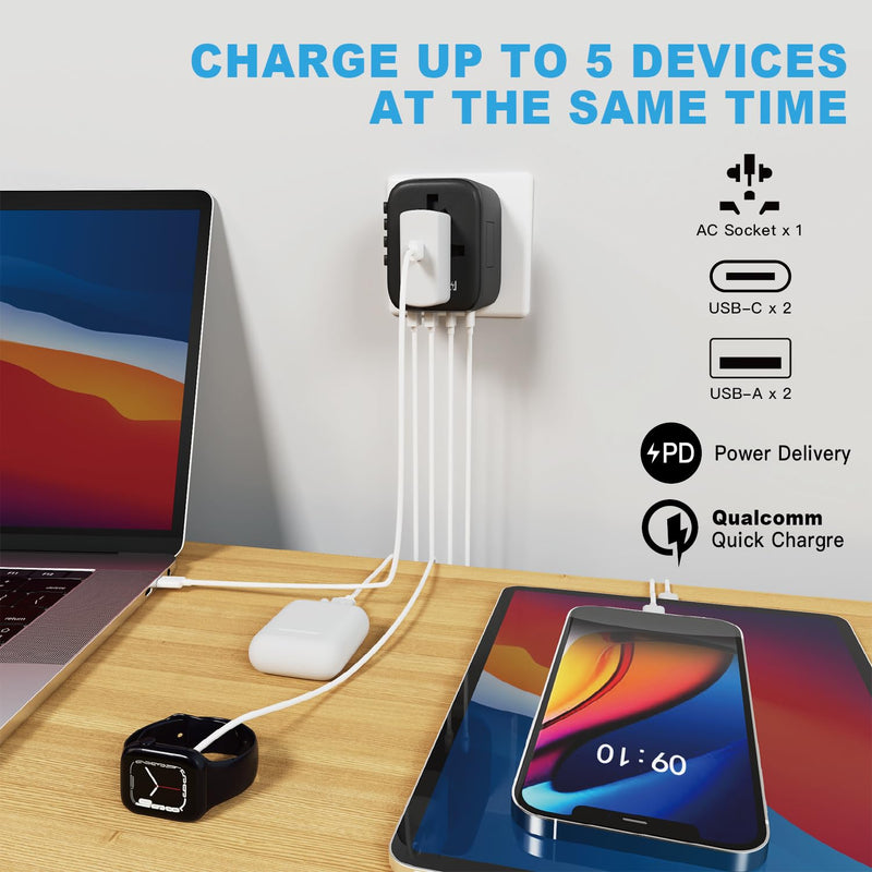 Universal Travel Adapter, PD20W International Power Adapter, 2 USB-C & 2 USB-A Fast Charging Travel Charger, All in One Worldwide Travel Plug Adapter, Outlet Adapter for Europe EU UK USA AU 2 USB A+2 USB C(PD20W) Black