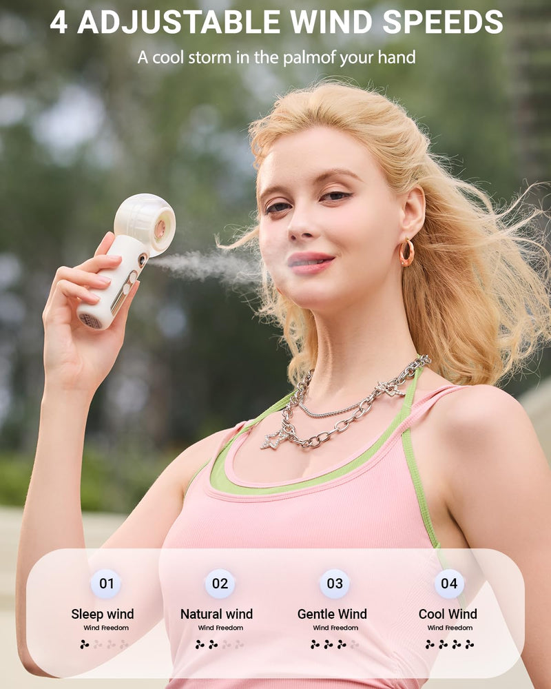 Tendiren Portable Handheld Misting Fan, Rechargeable Personal Mini Fan with Mist, 4 Speed Turbo Powerful Cooling Fans with Water Spray Tank for Travel, Home, Office, Outdoor, Camping, Beach (Pink) Pink