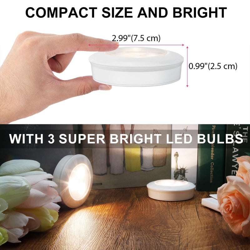 LUXSWAY LED Puck Lights Tap Lights, Battery Operated Mini Push Lights, LED Under Cabinet Lighting, Stick on Lights, Kitchen Closet Counter Night Lights (Included 18 AAA Batteries, 6-Pack, White) WH-6 Pack-Batteries Included
