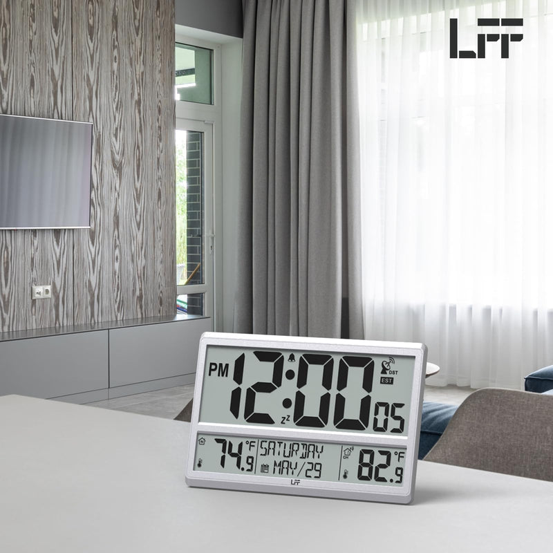 LFF Atomic Clock 4.5" Numbers, Atomic Wall Clock with Indoor & Outdoor Temperature，Never Needs Setting, Battery Operated, Date, Time, Wireless Outdoor Sensor, Jumbo Display Easy to Read Silver