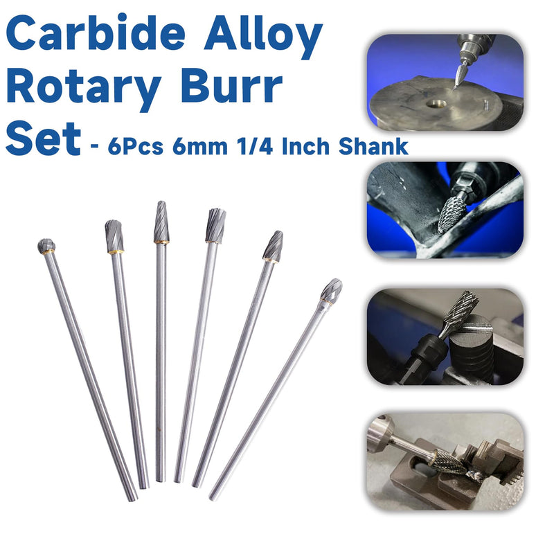 WFLNHB Carbide Alloy Rotary Burr Set - 6Pcs 6mm 1/4 Inch Shank 150mm Long Fit Rotary Tool for Woodworking, Drilling, Metal Craving, Engraving, Polishing