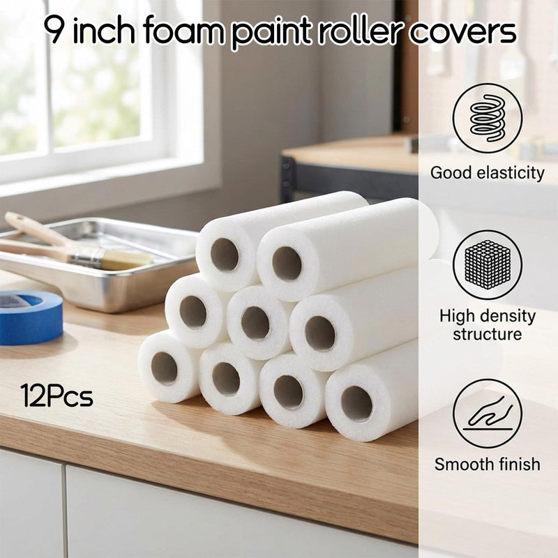 12 Pcs 9 Inch Foam Paint Roller, High Density Foam Paint Roller Covers, White, for Interior Surface Coating, Home Renovation Projects, Smooth Finish Application, Flat Area Refinishing