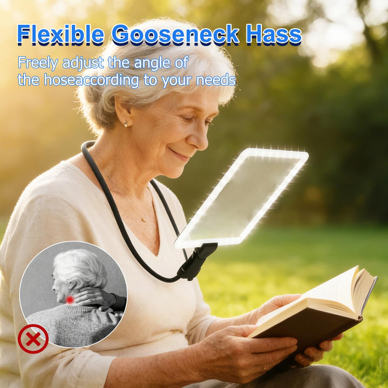 Large Hands-Free Magnifying Glass with 50 Ultra-Bright LED Light, Lightweight Lighted Neck Page Magnifier for Reading Books, Sewing, Knitting, Cross Stitch & Crafts for Close Work for Seniors