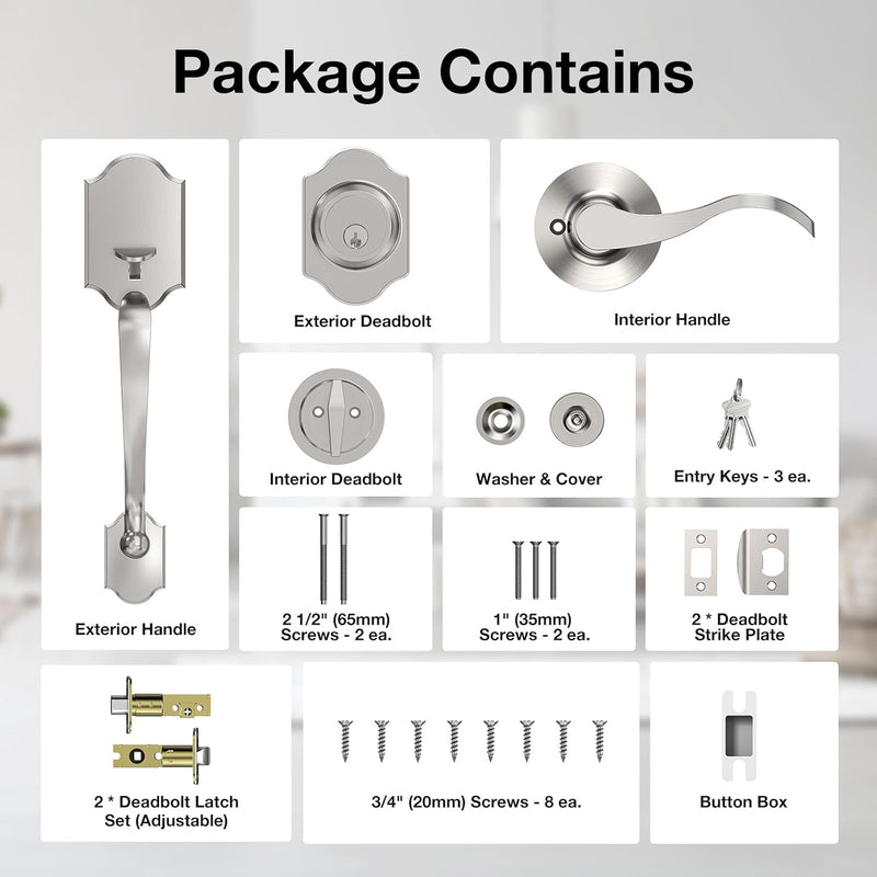Silver Front Door Handle and Deadbolt Set, Classic Lock With Satin Nickel Exterior Lever, Reversible Entry for Right & Left Handed - NewNest Australia