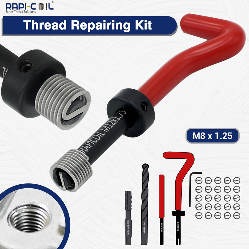 M8 x 1.25 Thread Repair Helicoil Kit, HSS M2 Tap & Drill, SS 304 Wire Inserts - Made in India M8 x 1.25