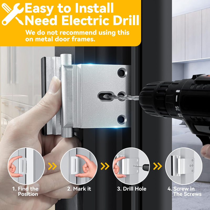 Rerishom 2 Pack Door Lock Withstand 800 lbs for Inward Swinging Door,Door Reinforcement Lock with 8 Screws to Prevent Unauthorized Entry, Child Proof Pin Tumbler for Extra Home Security and Privacy Silver