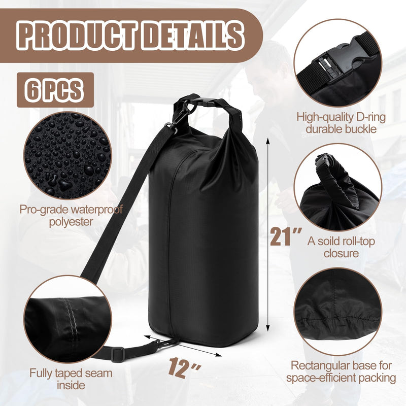 6 Pcs Waterproof Dry Bag 5L, Roll Top Dry Storage Sack with Adjustable Strap for Winter Homeless Kayaking Beach Swimming Camping Boating, Lightweight Backpack for Equipment Electronics 6