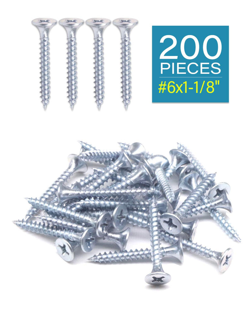 200pcs #6 x 1-1/8" Flat Head Phillips Drywall Screws Fine Thread Sharp Point Wood Screw, Carbon Steel 1022A, Zinc Coated #6 x 1-1/8" 200