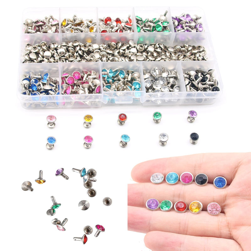 Uniquer 300 Sets 8MM Cz Crystal Rivets 10 Colors Rhinestone Rivets Studs Rapid Rivets Accessories for DIY Leathercraft Making