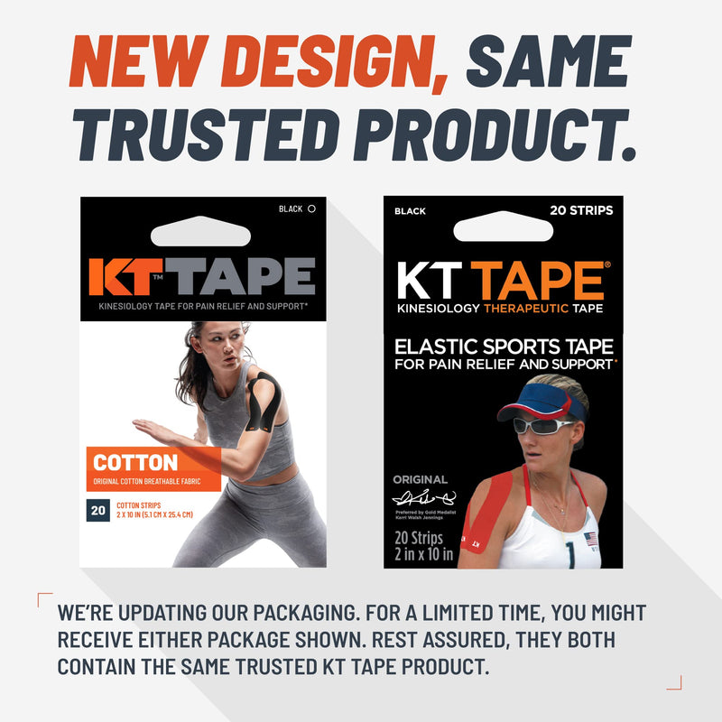 KT Tape, Original Cotton, Elastic Kinesiology Athletic Tape, 20 Count, 10” Precut Strips Black