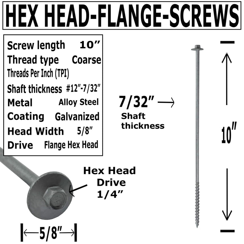 BRAUNY BOY - #12 x 10”- Extra Long Structural Lag Heavy Duty Construction Wood Screw – Galvanized Corrosion Resistant Coating Exterior Timber, Landscape - Easy Flange HEX Head Drive - Qty (50) 50