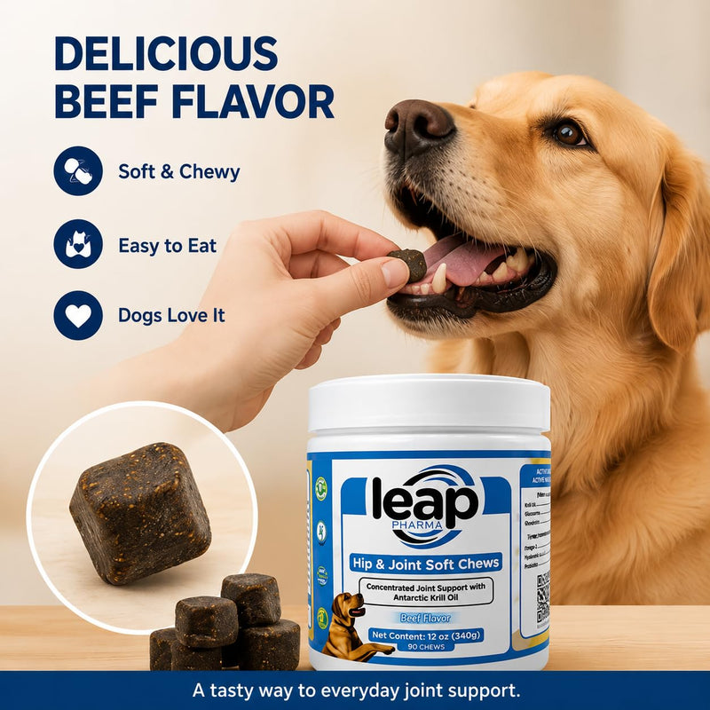 Dogs Suplements Hip & Joint - Krill Oil and Glucosamine Soft Chews, Joint Supplement for Dogs with Krill Oil,Glucosamine, Chondroitin, MSM, Turmeric, Anti Inflammatory, Mobility (Beef 90ct)