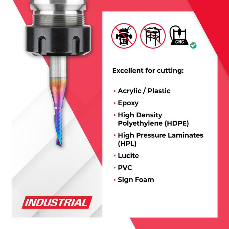Amana Tool Spektra Coated Solid Carbide CNC Spiral Single O-Flute Router Bit for Plastic Down-Cut, 51511-K, 1/8 D x 1/2 CH x 1/4 SHK x 2 Inch L