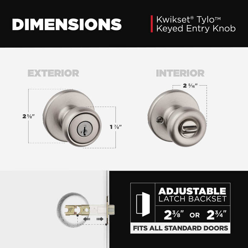 Kwikset Tylo Entry Door Knob with Lock and Key, Secure Keyed Handle Exterior, Front Entrance and Bedroom, Satin Nickel, Pick Resistant SmartKey Rekey Security and Microban 1 Pack Keyed Entry with Smartkey