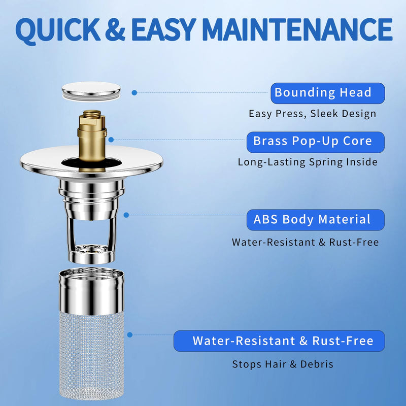 2PCS Bathroom Sink Stopper Strainer, Pop-Up Bathroom Sink Drain Strainer with Removable Stainless Steel Hair Catcher Basket, Universal Fit for US Bathroom Sinks, Bathtubs, Showers & Floor Drains 2pcs