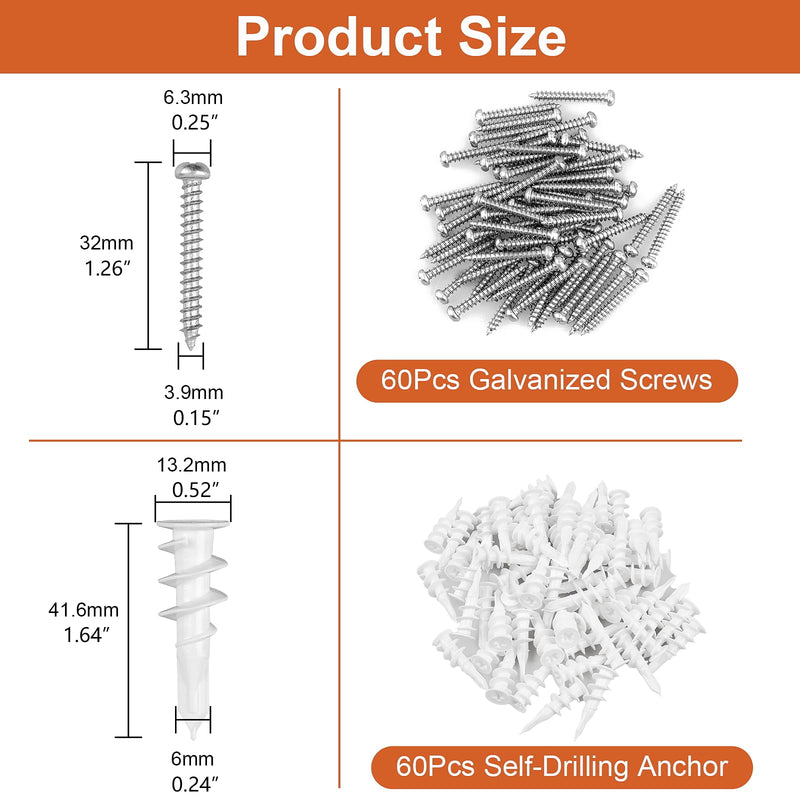 120pcs Self Drilling Drywall Anchors, Premium Drywall Anchors, Drywall Anchors and Screws Kit, 70lb Hanging and Mounting, 60 Self-Tapping/Threaded Plastic Sheetrock Anchors, 60#8x1-1/4 Screws 1
