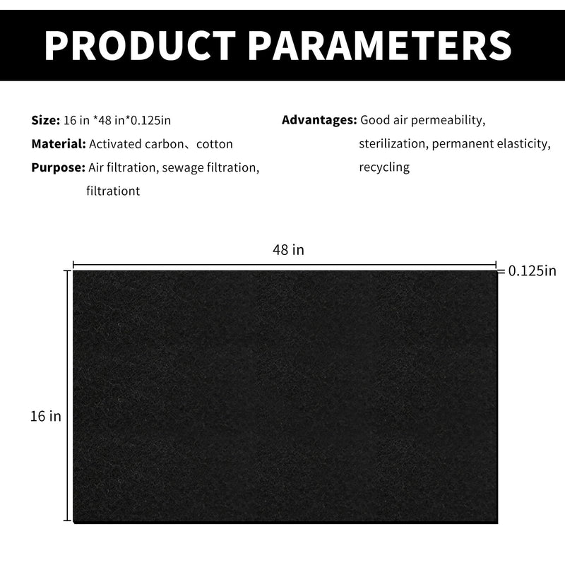 Cut-to-Fit Activated Carbon Filter Sheet Charcoal Air Vent Filters Pad Black Range Hood AC Replacement Fabric Filter 1 Pack 16" x 48" x 0.125" 16" x 48" x 0.1"